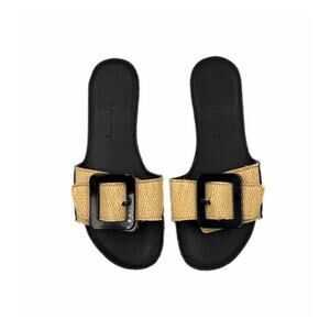 Definery Loop Raffia Buckle Black Beige Loop Flat Slide Slip On Summer Sandals
